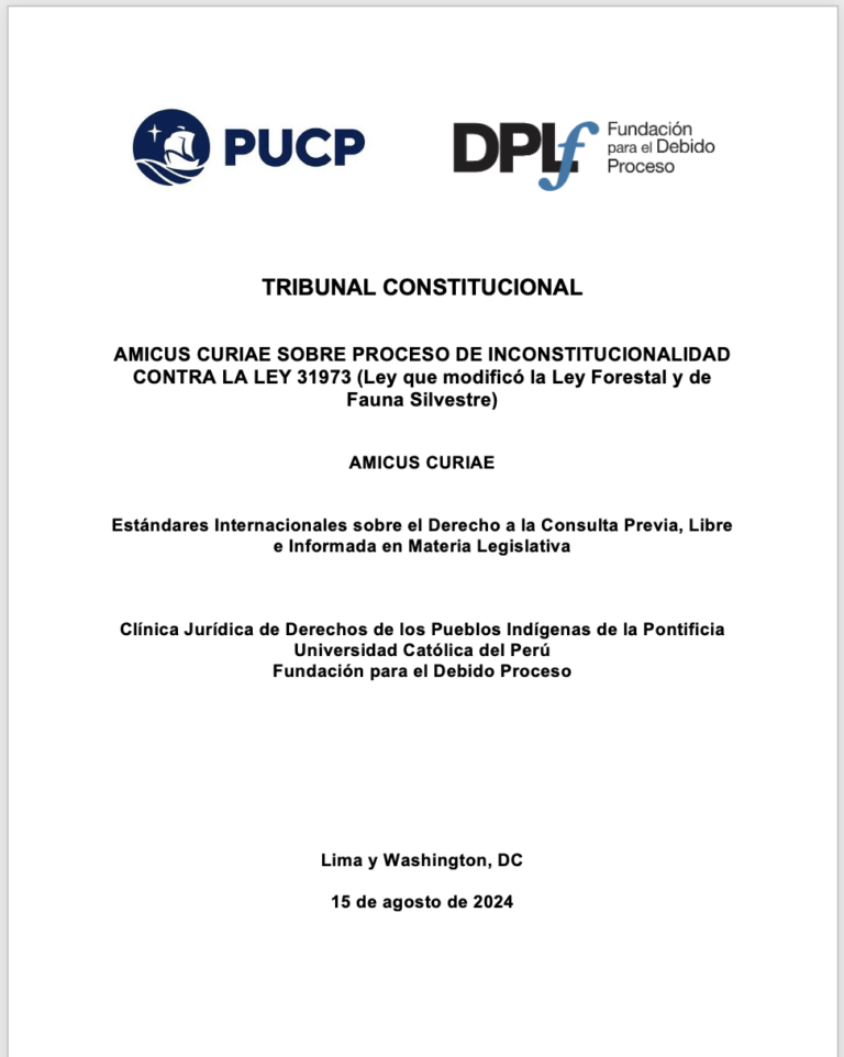 Carátula del escrito de amicus curiae n proceso de inconstitucionalidad contra la Ley Antiforestal en Perú, presentada por Clínica Jurídica de Derechos de los Pueblos Indígenas de la Pontificia Universidad Católica del Perú y la Fundación para el Debido Proceso (DPLF).